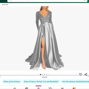 Silver long sleeve formal dress with small train and pockets